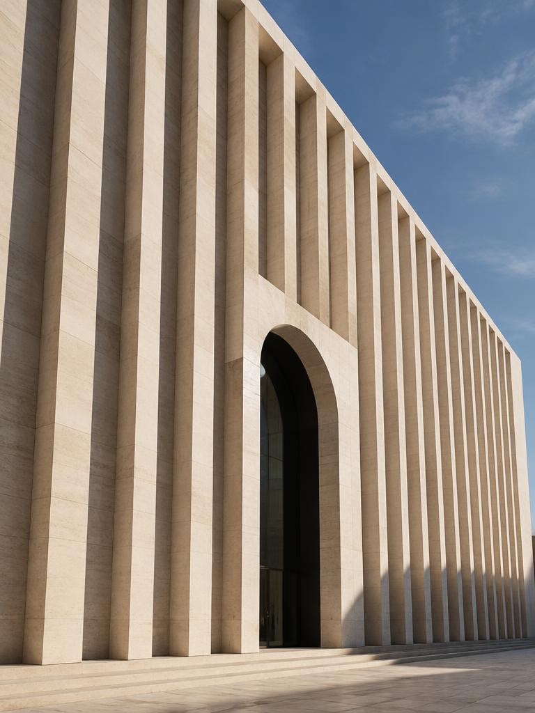 Monumental stone facade with an arched entrance